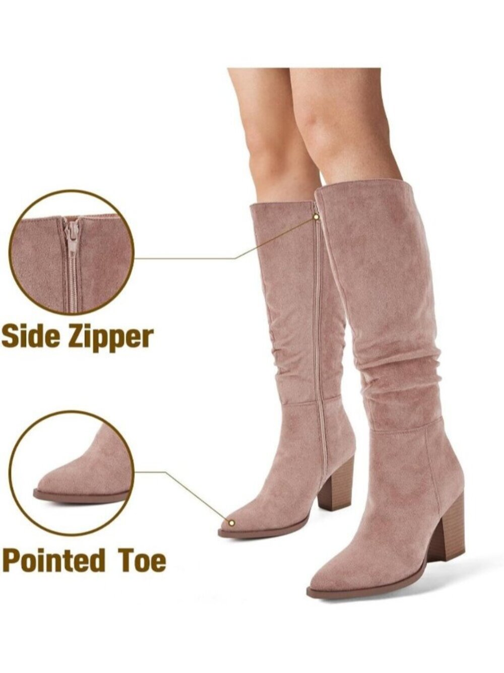 Women's Rosy Brown Slouchy Knee High Boots Faux Suede Pointed Toe Chunky Heel - Picture 6 of 7